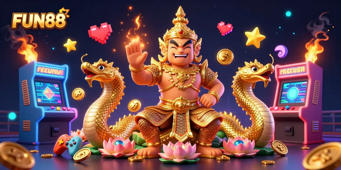 Experience FUN88 with vibrant casino games and immersive characters in a stunning 3D illustration.