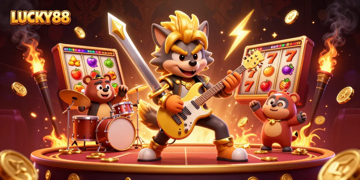 Experience thrilling gameplay with LUCKY88, where slot reels spin alongside golden guitars and dynamic characters.