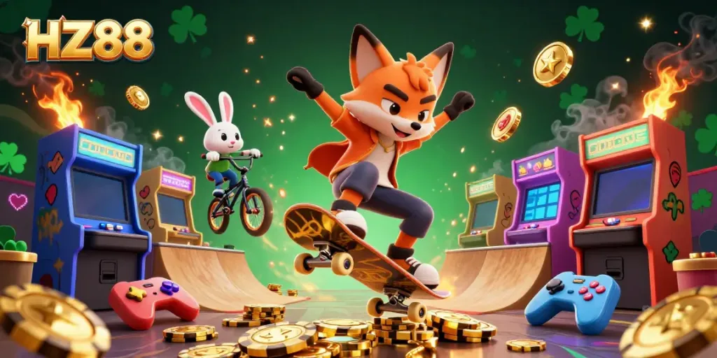 Engage with thrilling games at HZ88, as a fox skater flips over poker chips in a vibrant casino scene.