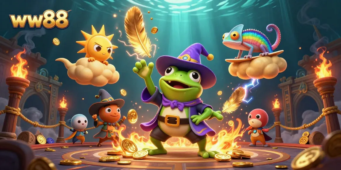 Experience epic wins with ww88 as the weather wizard frog conjures golden coins in this vibrant casino scene.