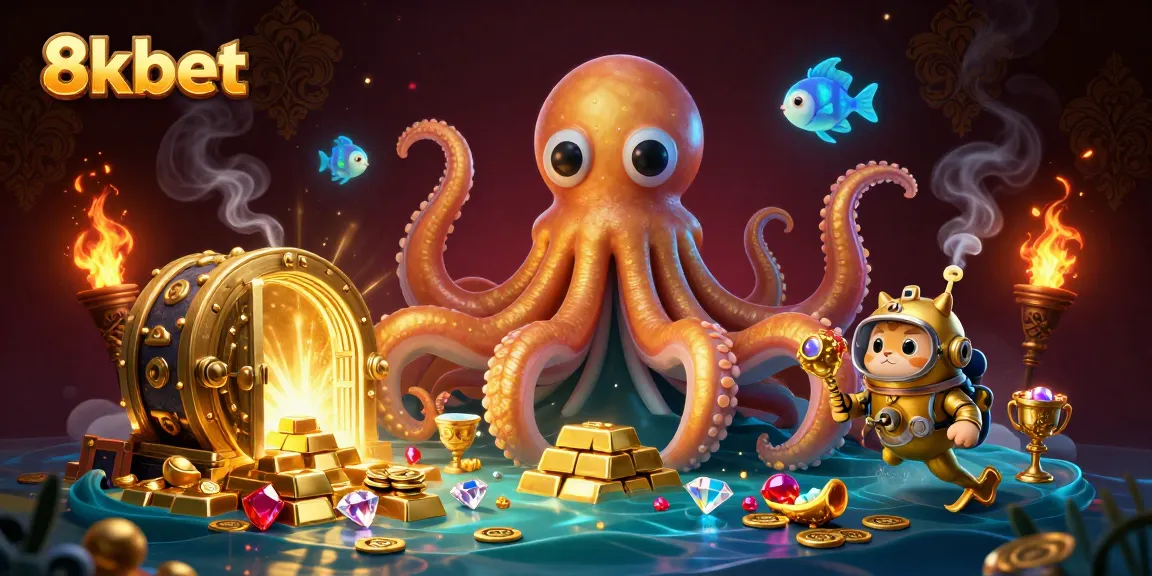 Engage in gaming excitement at 8kbet with a vivid underwater scene featuring a kraken and diving cat.