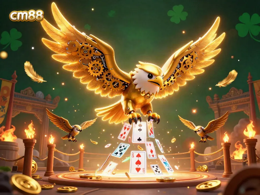 Engage with cm88's dynamic gambling scene featuring a cybernetic golden eagle amid holographic cards.