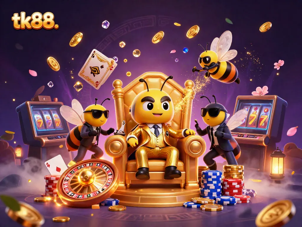 Experience the excitement at tk88. with a vibrant 3D cartoon scene full of casino elements and action.
