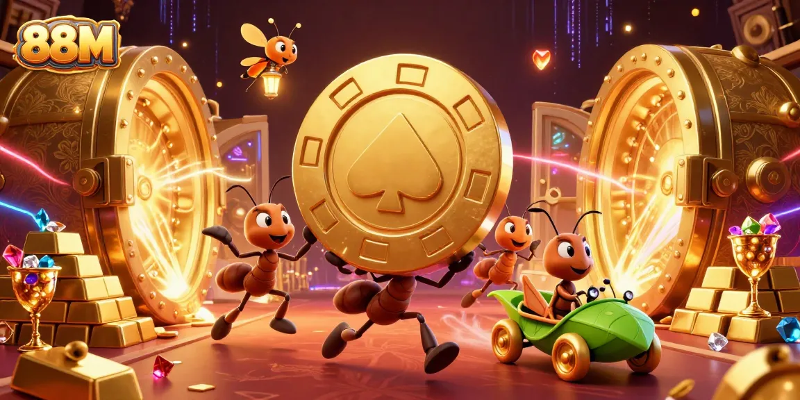 Experience the excitement of 88M with playful cartoon ants and a grasshopper driver racing through a casino heist scene.