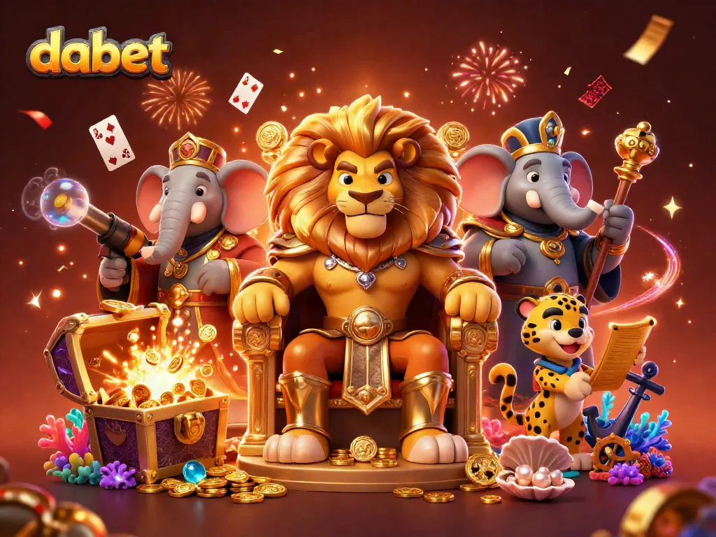 Dabet players celebrating with floating card games and treasure, showcasing casino excitement.
