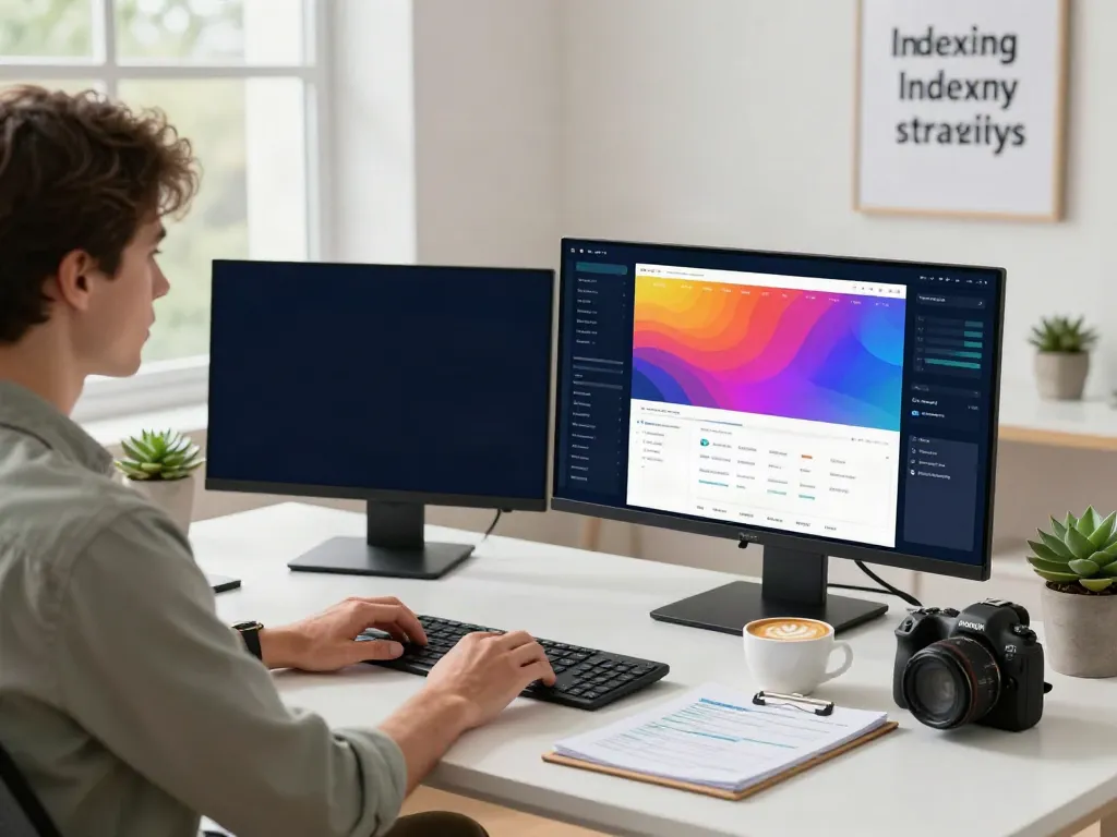SEO specialist analyzing instant indexing metrics in a bright home office.