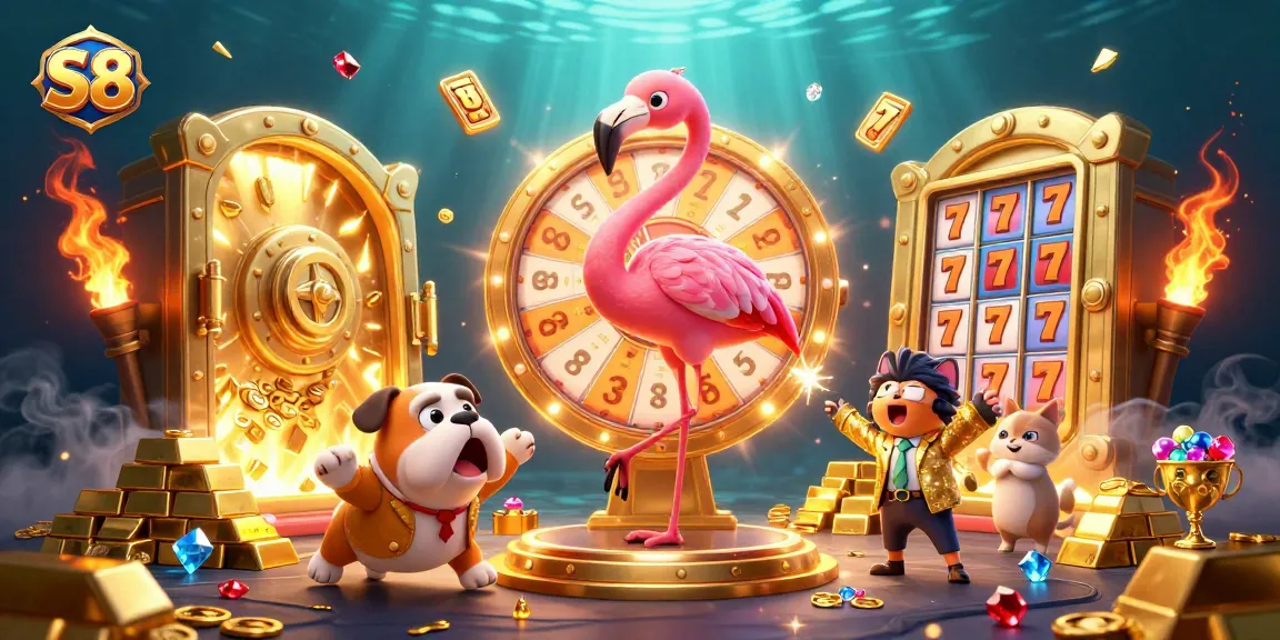 S8 spins jackpots and treasures with lively characters in this vibrant casino scene.