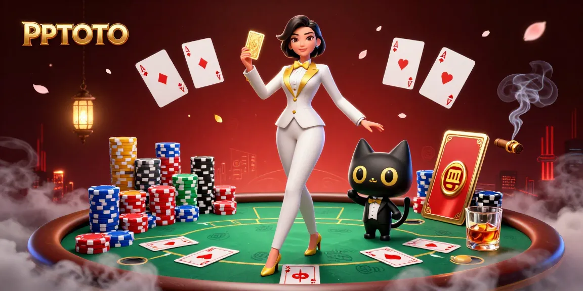 PPTOTO mengocok kartu di meja poker, ditampilkan dengan elemen kasino yang berwarna-warni dan suasana yang menarik.