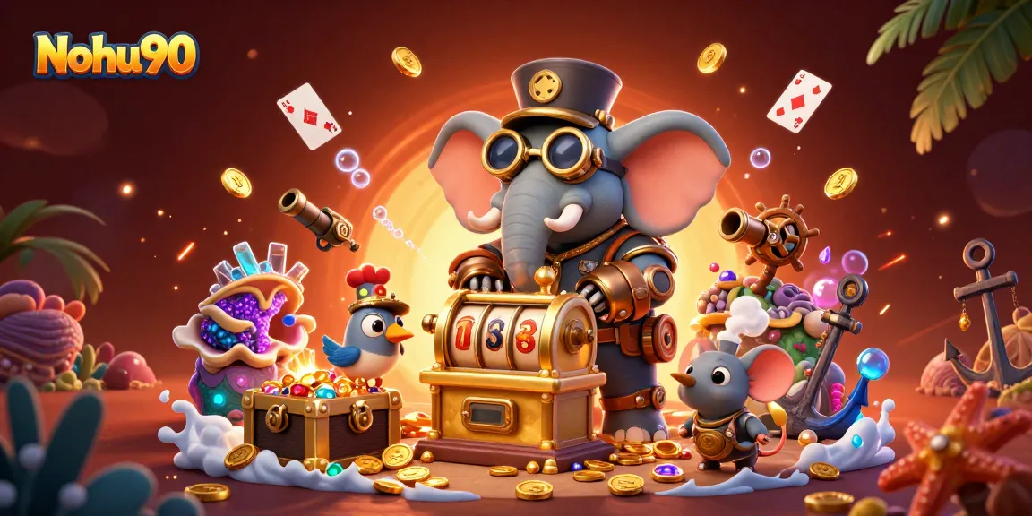 Nohu90 showcases thrilling slot machine action with a dynamic 3D steampunk elephant in an engaging casino scene.