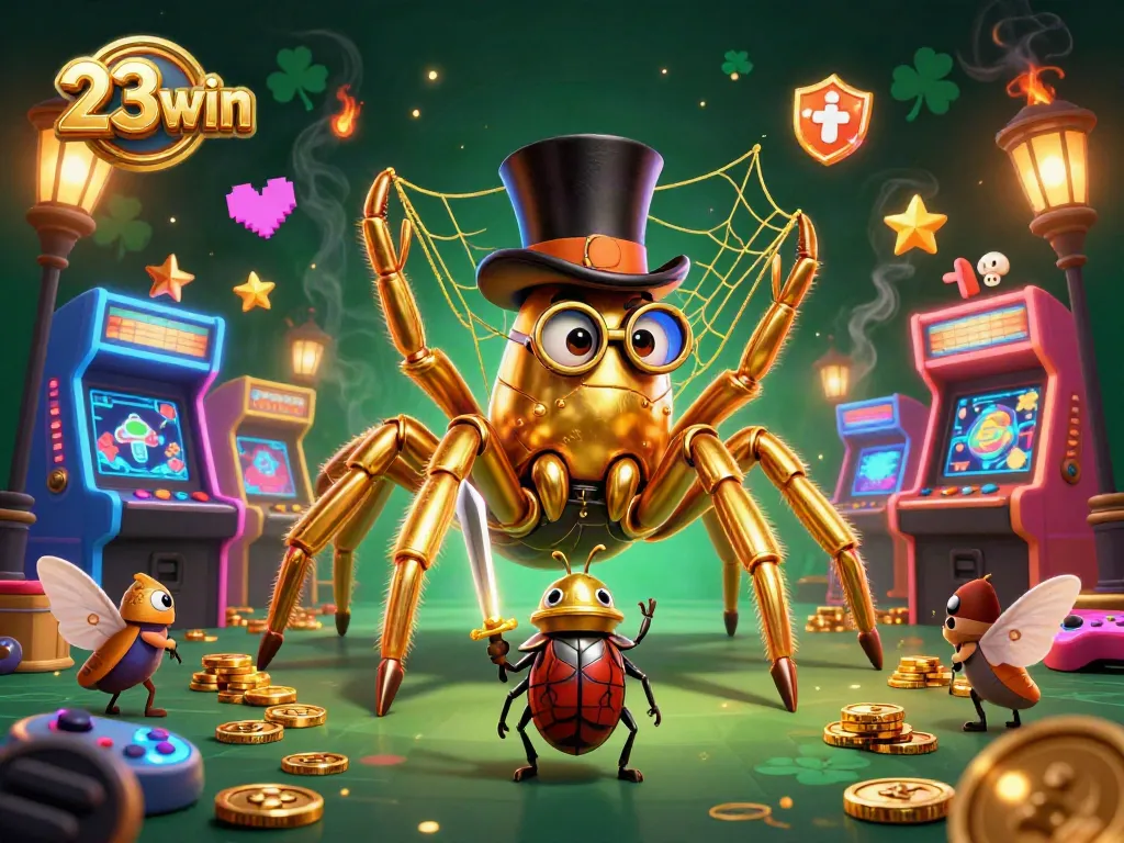 Engage with 23win's vibrant casino scene featuring a giant tarantula and beetle knight.