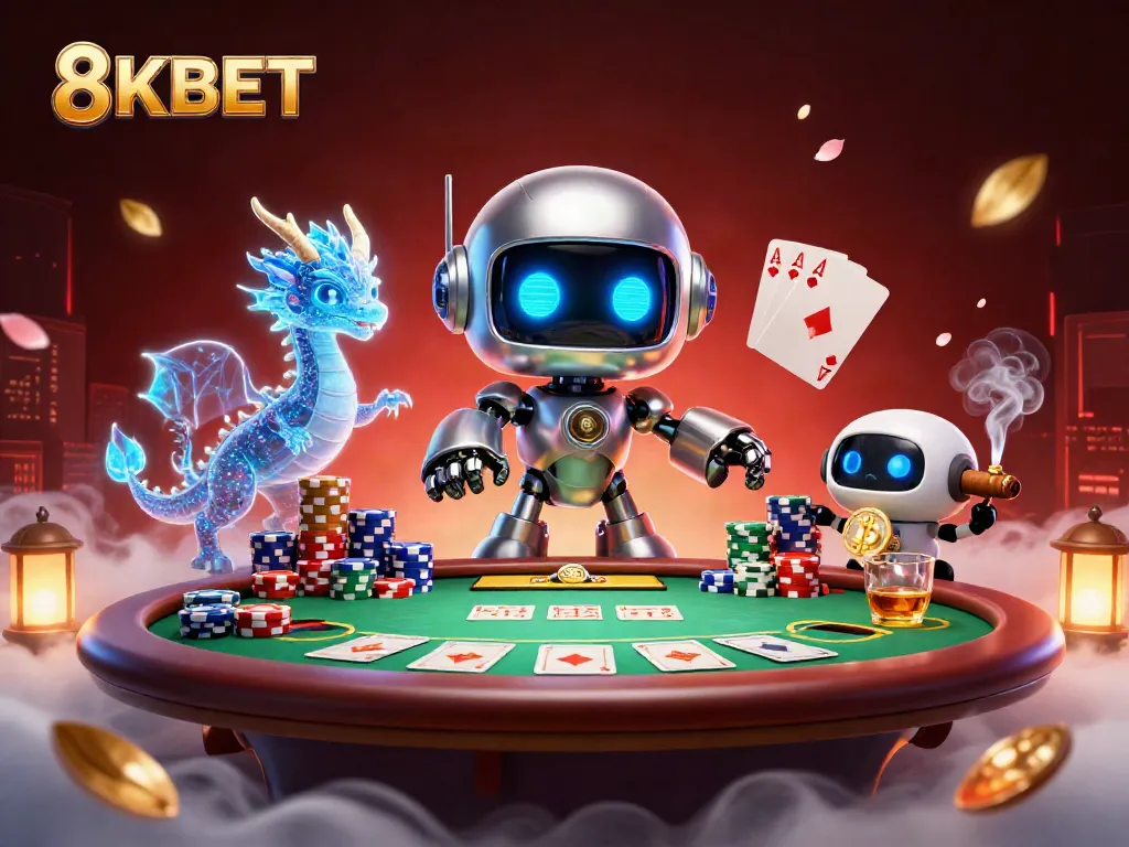 8KBET showcases a vibrant cyberpunk casino scene with robotic characters engaging in poker action.