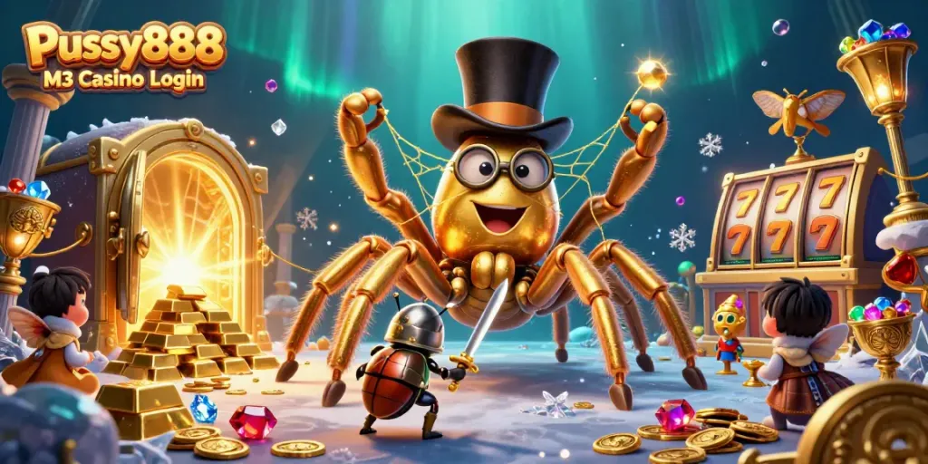 Engage in thrilling gameplay with Pussy888 M3 Casino Login amid dazzling gold treasures and animated characters.