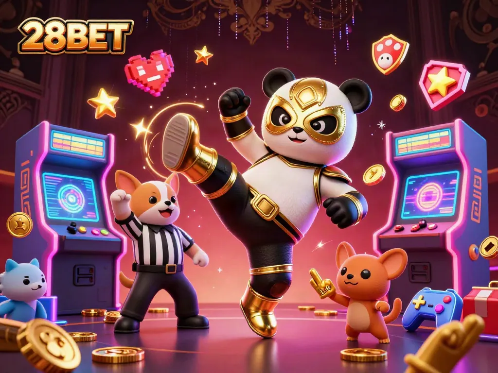 Experience 28BET's thrilling action with a dynamic 3D illustration of a lucha libre panda and lively animal spectators.