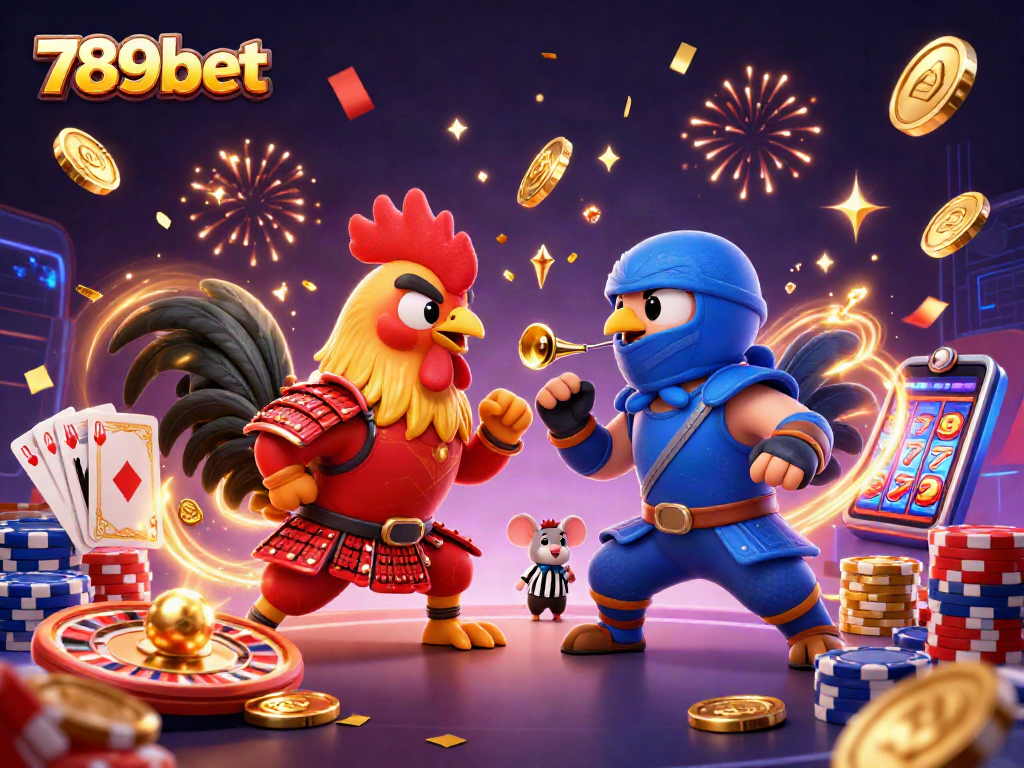 Battle for winnings in 789bet's vibrant casino scene with fighting roosters and gold coins.