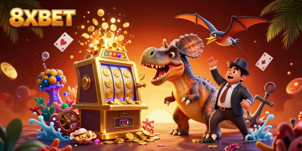 Experience thrilling excitement with 8XBET as a pachycephalosaurus wins slots, coins flying everywhere!