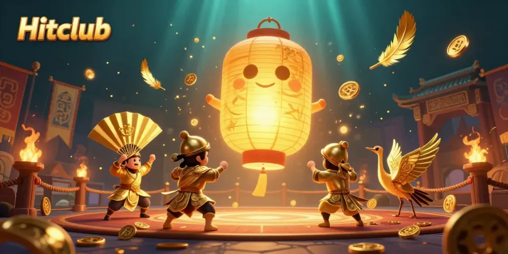 Engaging Hitclub gaming scene featuring a golden lantern spirit above a casino, immersed in vibrant gameplay.