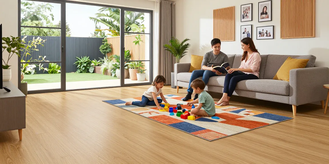 Modern acoustic flooring UK in a stylish living room with a family enjoying quality time.