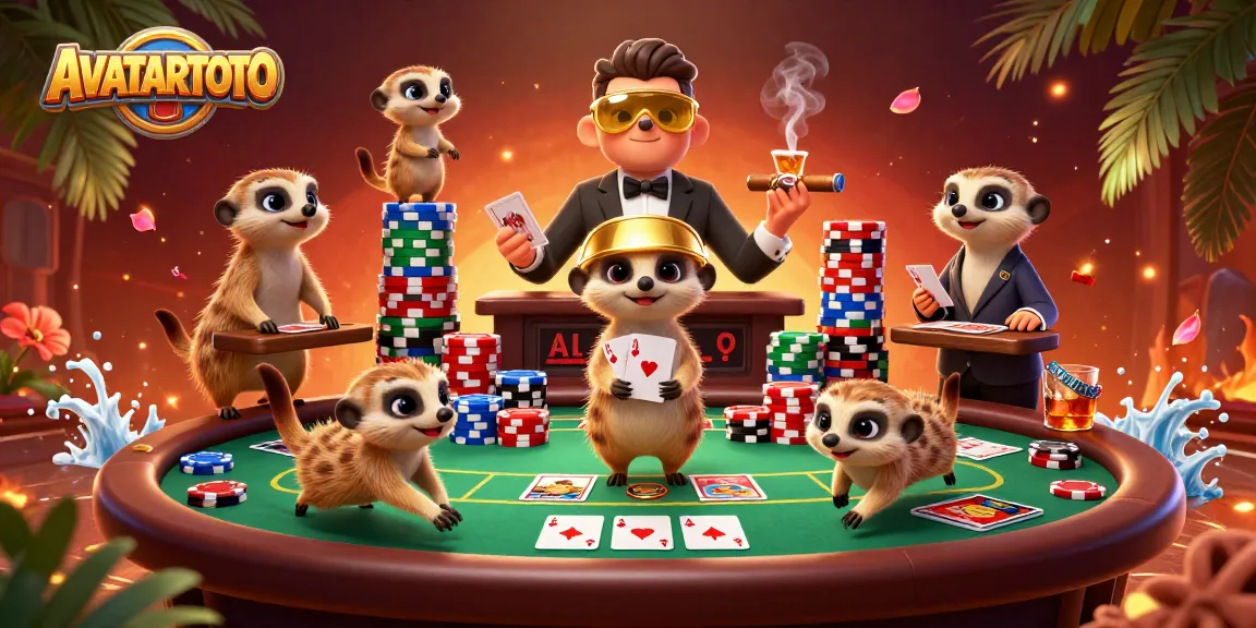 AVATARTOTO meerkats oversee a colorful casino with poker tables and chips in a vibrant scene