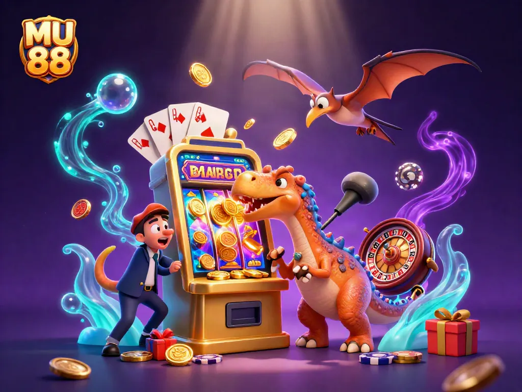 Experience the excitement of MU 88 as a pachycephalosaurus wins jackpots at a colorful, animated casino scene.