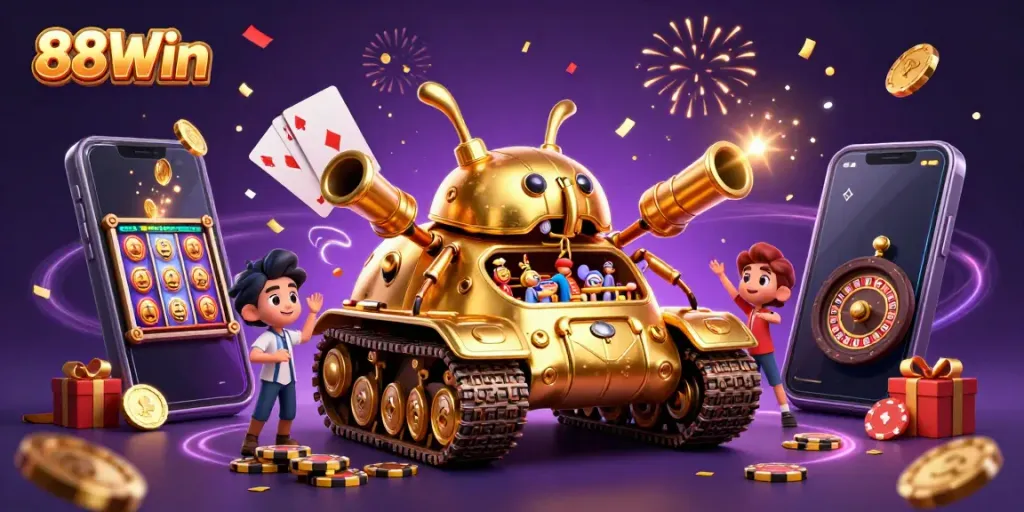 Experience exciting gameplay with 88Win, featuring a vibrant carnival-style casino scene filled with confetti and treasures.