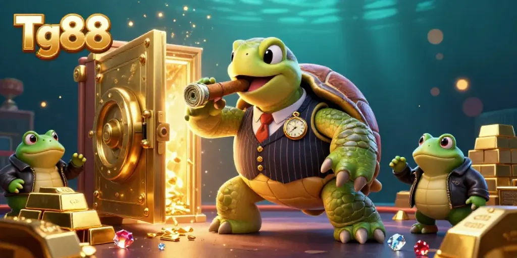 Tg88 offers an engaging casino atmosphere with a turtle and bullfrog characters surrounded by shining treasures and vibrant lights.