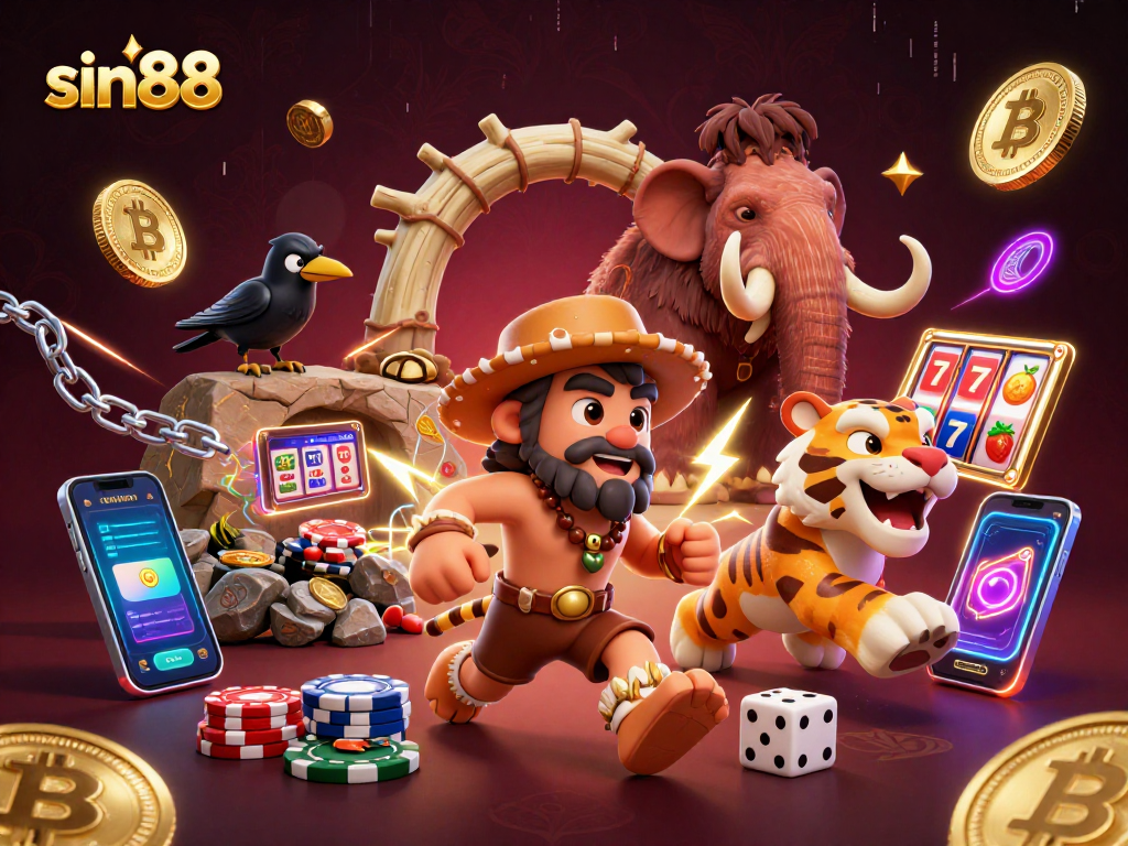 Experience sin88's thrilling prehistoric casino scene with cavemen and crypto elements.