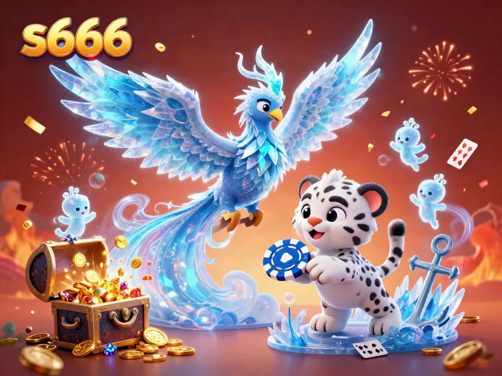 s666 brings excitement to players with a vibrant 3D illustration of a phoenix, poker chip, and ice sprites.