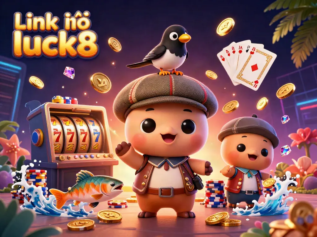 Spin and win at Link vào luck8 with a playful Nessie, shimmering coins, and vibrant casino elements.
