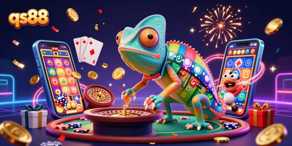 qs88 casino owner chameleon captures golden coins in a vibrant, dynamic gaming scene
