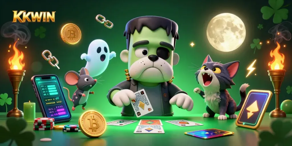 Engage with KKWIN as a Frankenstein bulldog and ghost mouse deal cards at a spooky casino.