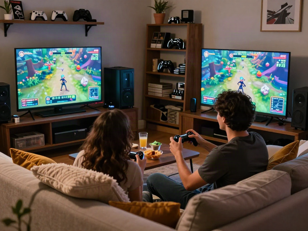 Two friends enjoying html porn games in a cozy living room, vibrant screen and gaming atmosphere.