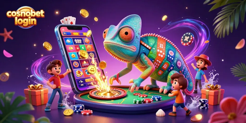 Engage in fun at cosmobet login with vibrant casino elements and a dynamic chameleon character.