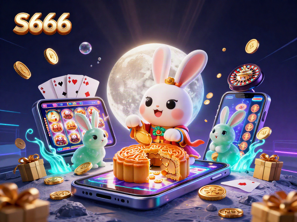 S666 casino gaming illustration featuring a moon rabbit and poker chips exploding from mooncakes on the lunar surface.