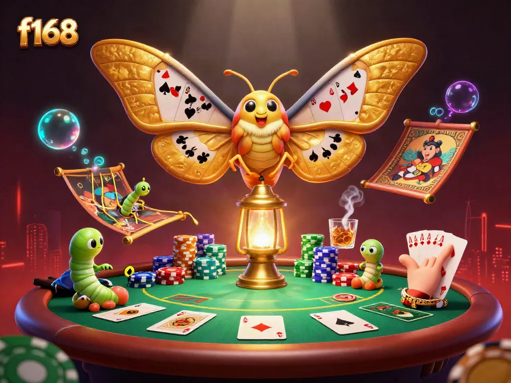 Engage in thrilling f168 gaming experiences with a majestic moth card scene, vibrant casino atmosphere.