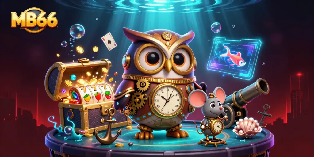 Engage in the vibrant MB66 gambling scene featuring an owl and a mouse amidst dynamic casino elements.