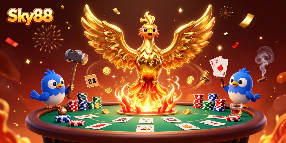 Experience Sky88's thrilling poker scene with golden phoenix and vibrant casino elements.
