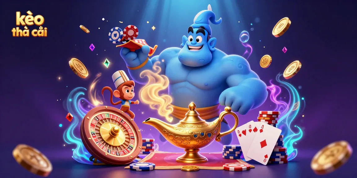 Experience kèo nhà cái with a dynamic casino scene featuring a blue genie, poker chips, and casino elements.