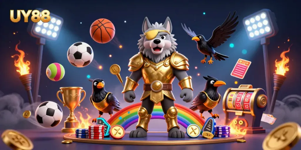 Experience the vibrant gaming world of UY88 with dynamic scenes of thrilling sports betting and casino action.