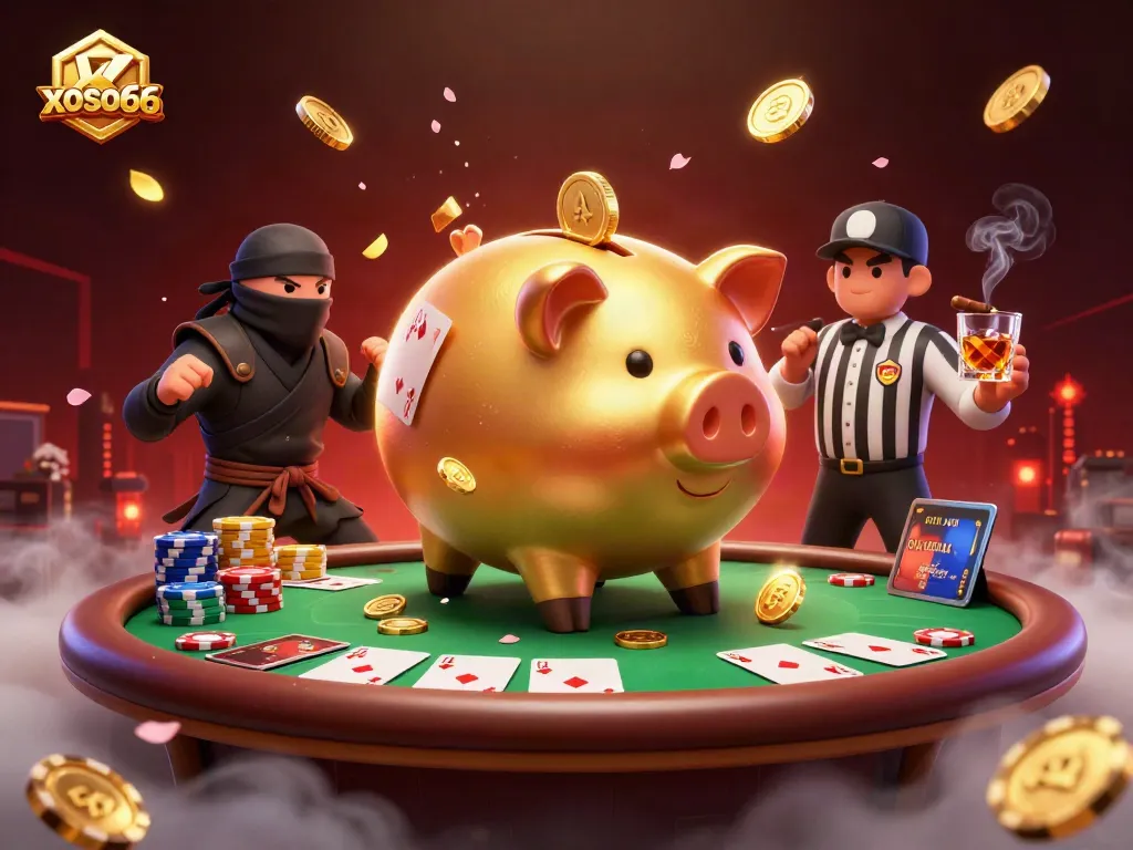 Engage with xoso66 in a vibrant casino battle featuring a piggy bank sumo wrestler amid poker excitement.