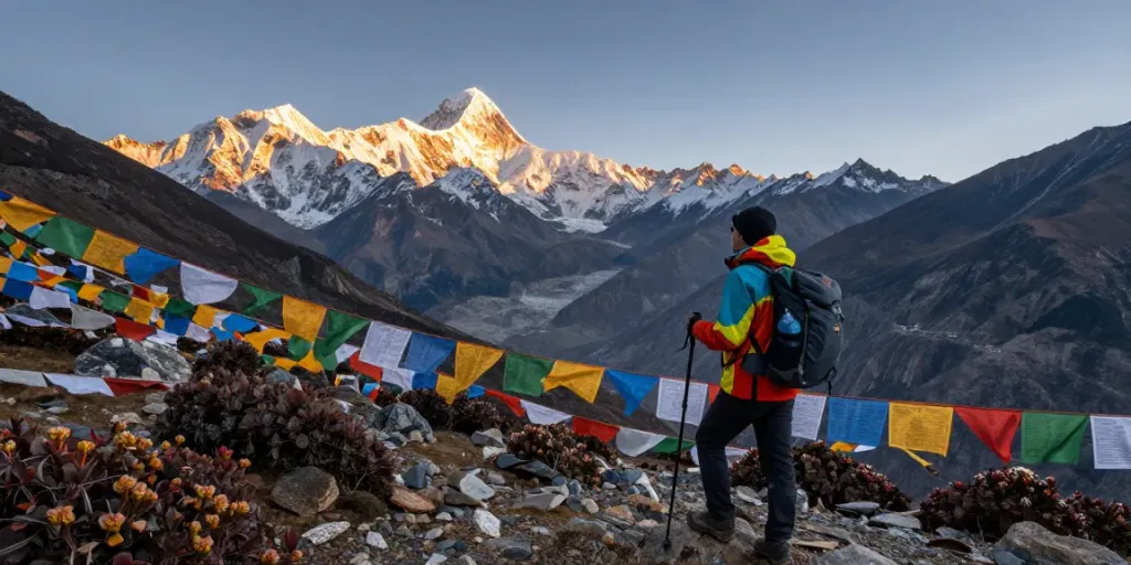 Viajero en el Circuito Manaslu admirando montañas y banderas de oración en el paso Larkya La.