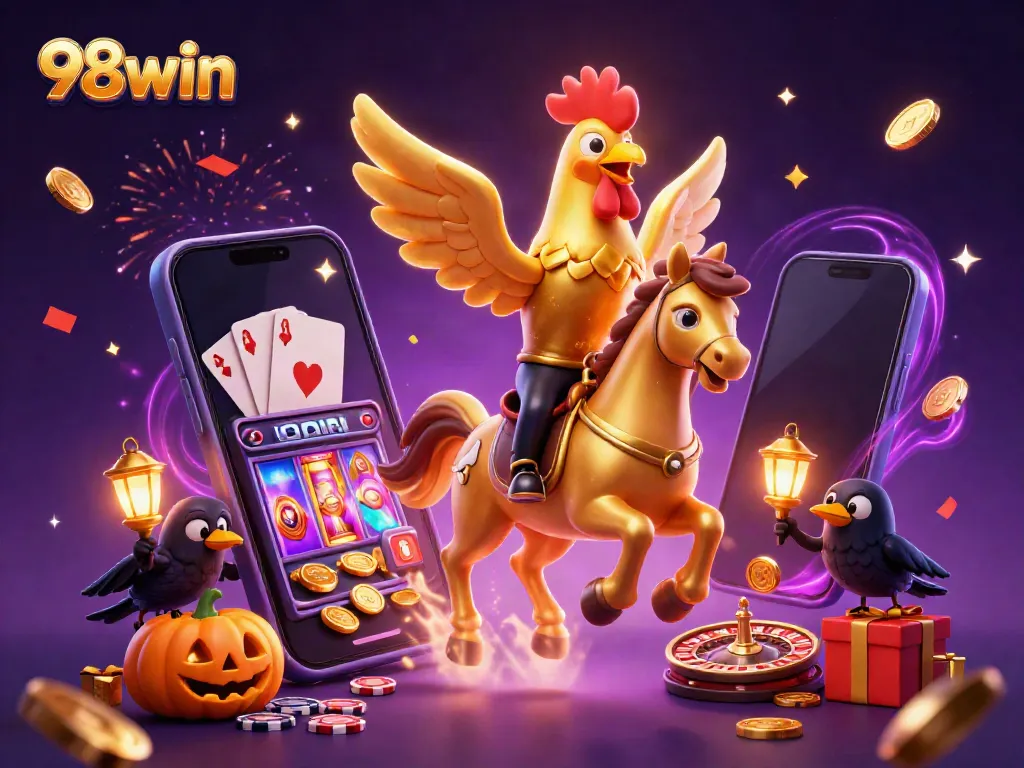 Immerse in 98win's thrilling casino scene featuring a golden rooster and pumpkin-headed crows with dazzling game elements.