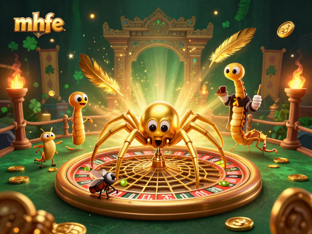 Engaging mhfe scene of a golden spider at a roulette wheel showcasing vibrant casino elements.