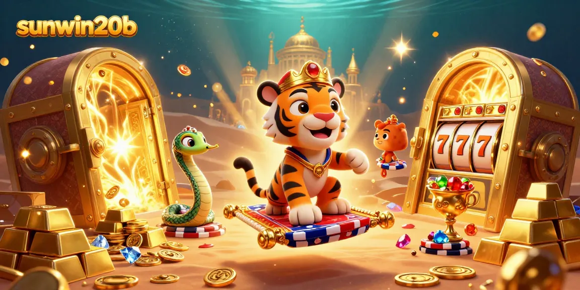 Engage in thrilling gameplay at sunwin20b with a vibrant 3D casino scene featuring a tiger sultan, treasures, and dynamic casino elements.