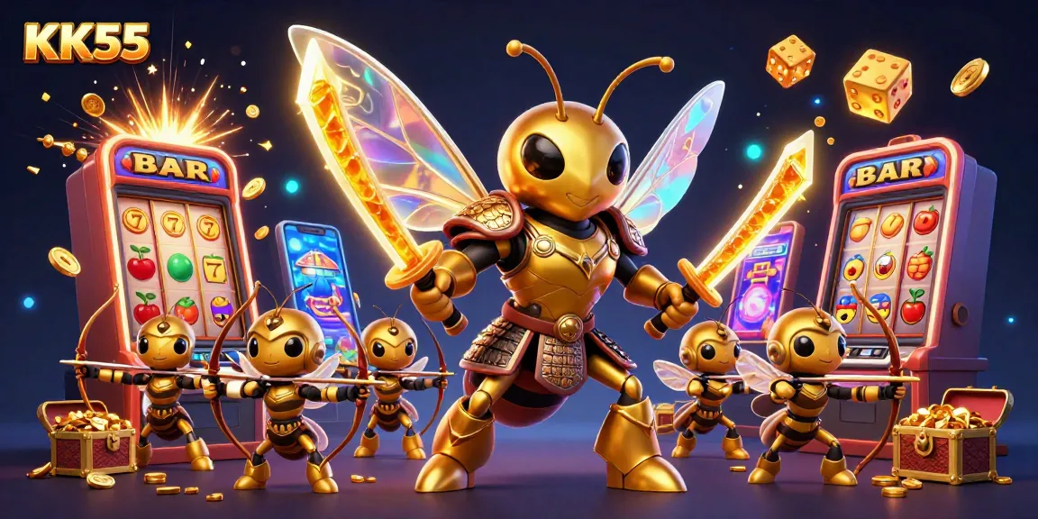 Engage with KK55’s vibrant casino experience featuring a golden hornet samurai amidst exciting gaming elements.