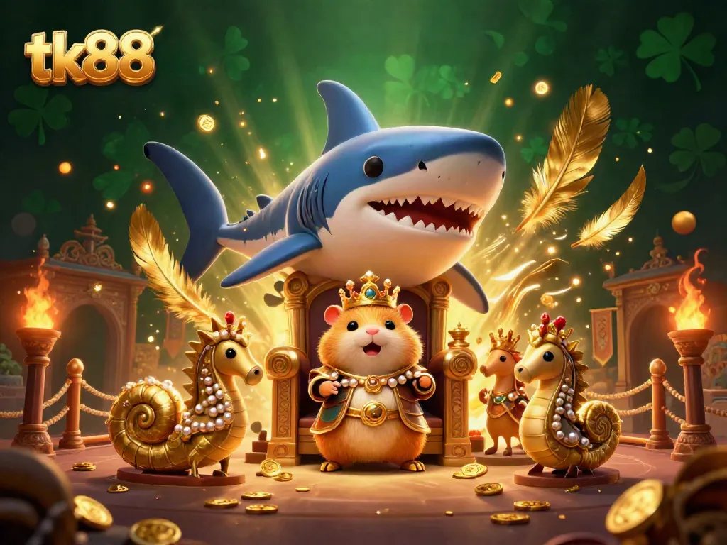 Experience the royal gameplay of tk88, featuring a hamster king on a megalodon throne.