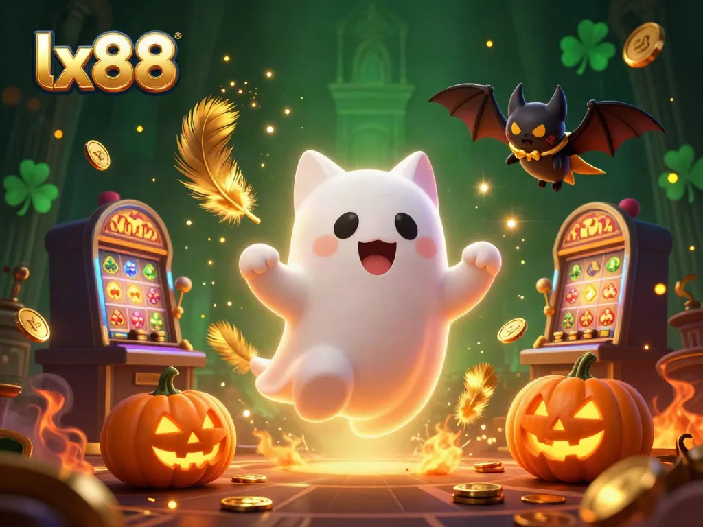 Experience thrilling action at lx88 with a ghost cat and glowing poker pumpkins in a glamorous casino scene.