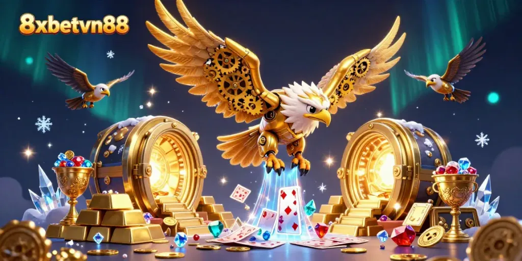 Experience thrilling gambling at 8xbetvn88 with a stunning illustration of a flying golden eagle surrounded by cards and treasures.