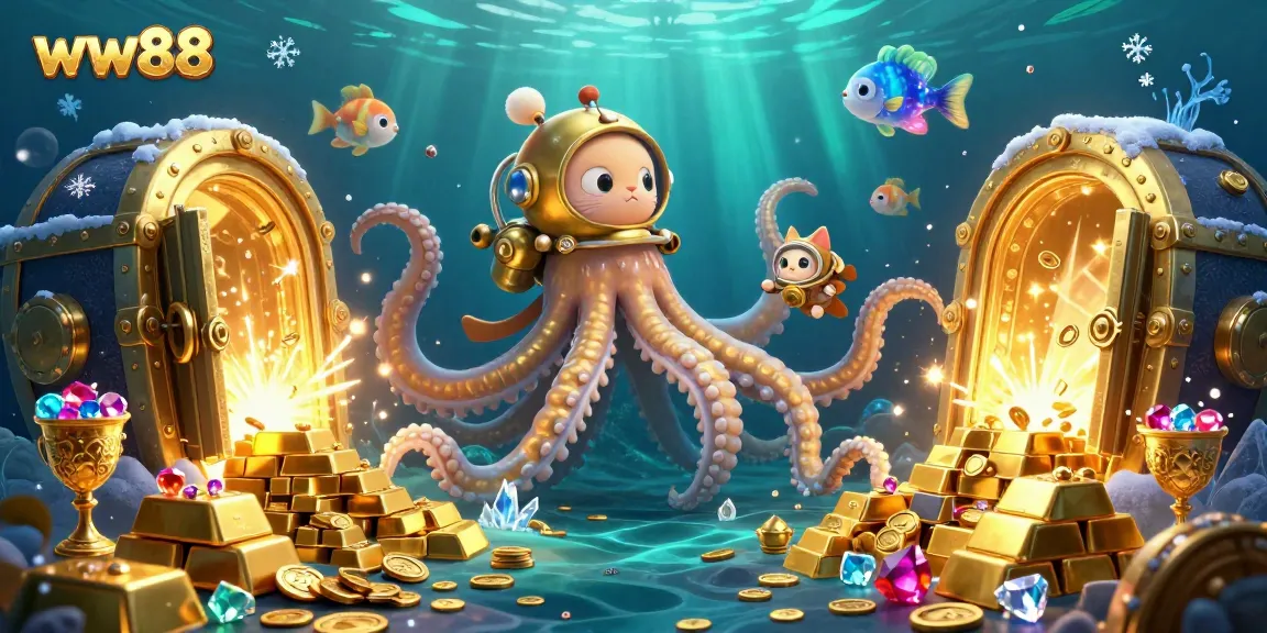 Experience thrills at ww88 with a colossal kraken, diving cat, and treasure amid sparkling gems.