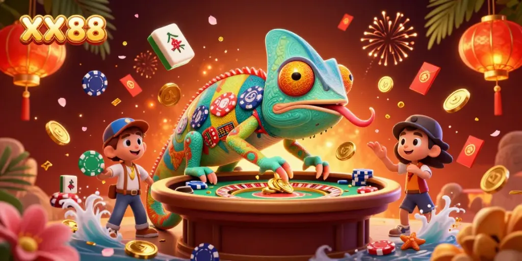 Engage with the thrilling XX 88 casino experience featuring vibrant characters and golden coins.
