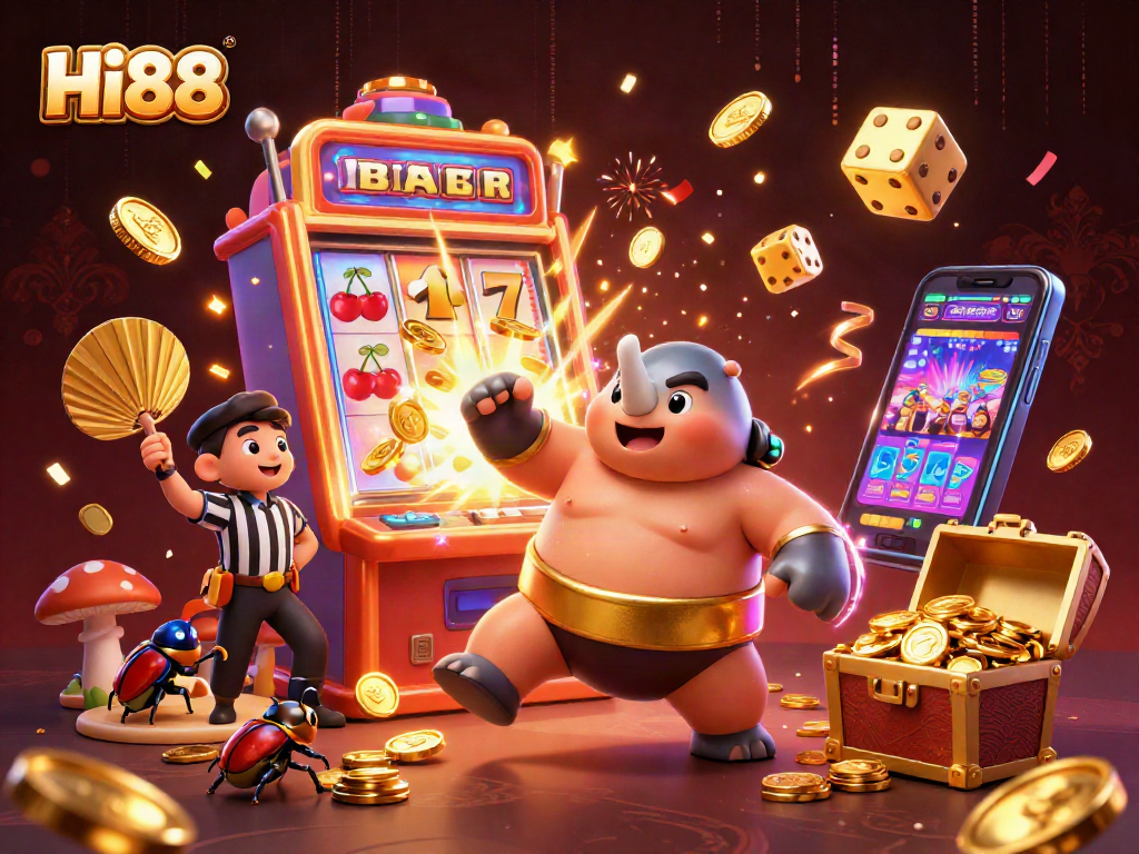 Experience thrilling action at Hi88 with a dynamic casino scene featuring exciting slot elements and vibrant visuals.